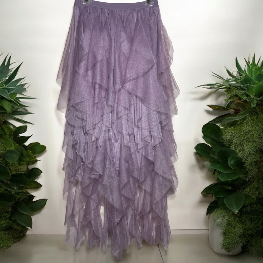🧚🏻‍♀️Boho Ankle Length Tulle Skirt Tiered Irregular Hem Long Maxi Skirt ~ Lilac